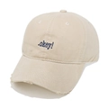Close-up of blue okey embroidery and distressed brim on beige cotton baseball cap - Khaki