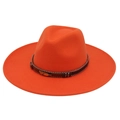 Detail of orange wool felt fedora with beaded leather band and golden feather charm - Adult (57-60cm) / Orange Heart (Gold Feather)