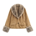 Women's camel suede jacket with faux fur collar and cuffs in a stylish short blazer cut - S / Khaki