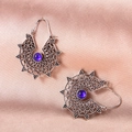 Vintage silver hollow-out earrings with purple stone on peach silk fabric background - Antique Silver (4976)