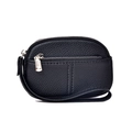Mini black textured leather coin purse for women with double zippers and wrist strap - Black