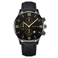 Men's fashion watch with black leather strap and Roman numeral calendar dial - Black Dial Gold Tone Black Band