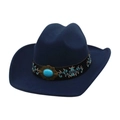 Ethnic navy felt cowboy hat with turquoise buckle and embroidered ribbon detail - One Size / Navy Blue