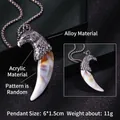 Collar colgante de colmillo con cabeza de águila y texturas de acrílico morado - Estilo con Patrón Ámbar Púrpura (Diente de Lobo 22) / Cadena de Acero 70cm
