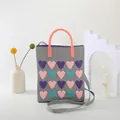 Gray knitted tote bag with colorful heart patterns and orange handles for women - Grey {Multicolor Hearts}