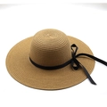 Summer wide brim straw sun hat with black ribbon bow, foldable vacation style for women - M (56-58cm) / Khaki