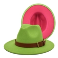 Detail of green fedora hat with pink underbrim and brown leather strap buckle - M(56-58cm) / Fruit Green & Rose Red