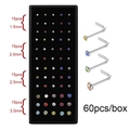 60-piece set of L-shaped stainless steel nose studs with crystals in 4 various sizes - L-Shape Bar (1.5-3.0mm) / 60pcs/box / Silver Bar + Colorful Zircon