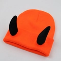 Funny orange knitted beanie hat with black devil horns for winter outdoor warmth - Adult One Size - Elastic / Black Horn - Bright Orange Hat
