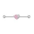 Silver industrial piercing bar with pink heart zircon and butterfly wing details - Silver Pink Heart Wing Industrial Barbell (IN24082308S)