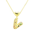 Detail of V-shaped gold necklace pendant set with colorful vibrant zirconia crystals - Letter-V