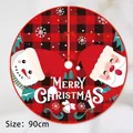90cm Red and Black Plaid Christmas Tree Skirt featuring Santa, Snowman and Snowflake patterns - Red Black Plaid Santa Snowman