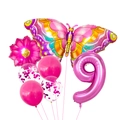 Kit de ballons anniversaire numéro 9 avec papillon et fleurs roses en aluminium - Rose Rouge Chiffre 9