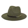Detail of army green wide brim fedora with black leather band and gold chain accent - M (56-58cm) / Dark Green