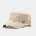 Detail view of khaki flat top military cap with breathable mesh and metal plate decor - Beige