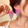 Sparkling gradient heart tassel earrings with colorful rhinestones on a female model - Rose Red Green Gradient