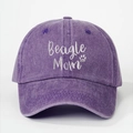 Close-up of Beagle Mom embroidery on vintage purple washed cotton baseball cap - One Size / Purple
