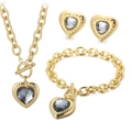 Golden heart jewelry set with grey crystal pendants and T-bar toggle closure - Gold 3-Piece Set - Black Gem (KS193458-Z)