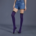 Detail of purple and black striped over-knee high socks with fine knit texture - Deep Purple Black Thin Striped