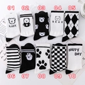 10-pair set of black and white checkered socks with bear and stripe patterns - Self-selected [Black White Bear]