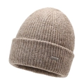 Unisex knitted beanie in oatmeal beige featuring a decorative metal logo tag - One Size / Khaki