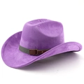 Detailed view of purple suede cowboy hat featuring a grey band and brown leather buckle - Taro Purple