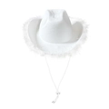 Detail of white cowboy hat featuring fluffy feather brim trim and adjustable chin strap - Adult Size (58cm) / White Feather with Silver Thread