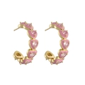 Pink enamel heart-shaped C-shaped gold hoop earrings with sparkling zircon accents - 1 Pair / Pink