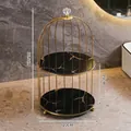 Double-layer golden birdcage makeup organizer with black marble shelves and crystal handle - Birdcage Double Tier - Black Gold
