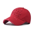 Detail of red cotton baseball cap featuring 3D New York embroidery and distressed brim - Adjustable / Red