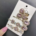 Set of five vintage gold-plated hair clips with pink crystals and white pearls on card - 5-Piece Set Pink