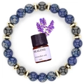 Elastic beaded healing bracelet with blue lapis beads, black magnets and golden spacers - Natural Lapis Lazuli + Obsidian (With Essential Oil)