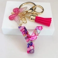 Detail of pink resin letter Y keychain with shell flakes, butterfly charm and silk tassel - Rose Red Butterfly Tassel Clip / Letter Y