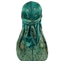 Detailed back view of a dark green satin durag with golden paisley patterns and long tail - Dark Green Paisley