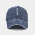 Detailed close-up of white PEACE embroidery on a navy washed cotton baseball cap - Washed Navy Blue