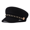 Elegante cappello baker boy in tweed nero con catena dorata e bottone vintage - M (56-58cm) / Nero