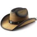 Brown gradient straw western cowboy hat with leather belt and silver star badge - M(56-58cm) / Coffee