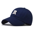 Macro detail of white 3D embroidered letter R on navy blue cotton canvas baseball cap - XL (Above 60cm) / Navy Blue