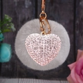 Grey fluffy pompom keychain with pink rhinestone heart charm and rose gold metal ring - Heart White + Grey Pom Pom