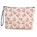 Beige canvas cosmetic bag featuring pink cherry heart and bow prints with hand strap - Cherry