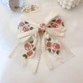 Pinza para el pelo de encaje beige con bordado floral y detalles de malla elegantes - Lazo Mediano