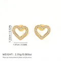 Golden heart stud earrings with sparkling pavé crystals and detailed size measurements - Gold Border Rhinestone Heart Studs (BYED240622-5)