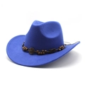 Detail of royal blue cowboy hat featuring a brown band with wood beads and metal buckle - M (56-58cm) / Blue