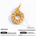 Golden stainless steel hollow round pendant with white zircons, size 9.52mm and 0.32g - Letter O