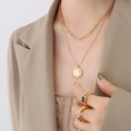 Double-layer gold angel coin necklace with minimalist geometric stackable rings set - Gold Angel Boy Double Layer Necklace (P966)