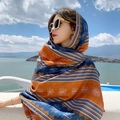 Ethnic cotton linen oversized scarf in deep blue and orange with geometric patterns - 180*90CM / 37130-Dark Blue Orange