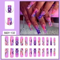 Long square purple press-on nails set with checkered patterns and floral nail art designs - Purple Retro Wave Flower Plaid Style (SGCY-132)