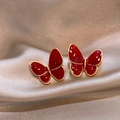 Elegant red butterfly stud earrings with gold metal edges on silk background - Silver Earring Post-Gold-Red