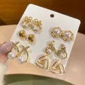6-pair set of gold pearl earrings with rhinestone bows and geometric shapes for women - Bow/Fishtail Pearl (2# Silver Earring Post)