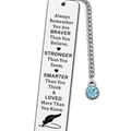 Silver stainless steel bookmark with blue crystal pendant and inspirational quote - A34-Blue Crystal Brave Strong